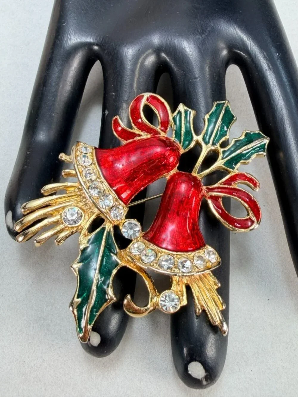 Vintage Christmas Bells Brooch Red Enamel Rhinestone Gold Tone Pin Holiday
